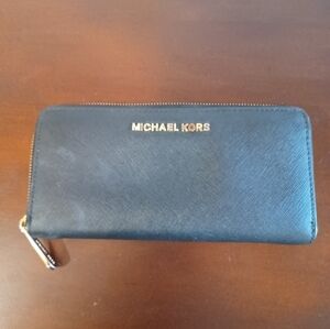 Michael Kors Black Zip Around Wallet with Gold Accents